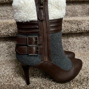 Elle Women's Grey/Brown Faux Fur Wool Heels